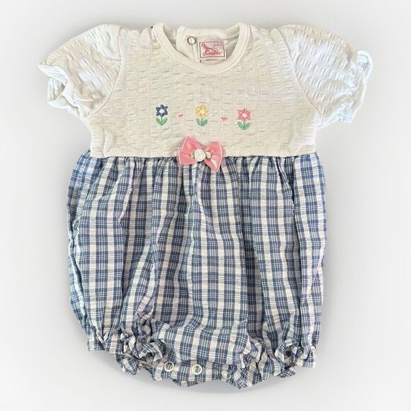 Vintage 1990s Buster Brown Bubble Size 3-6 Months White Blue Plaid USA Made - Picture 1 of 8